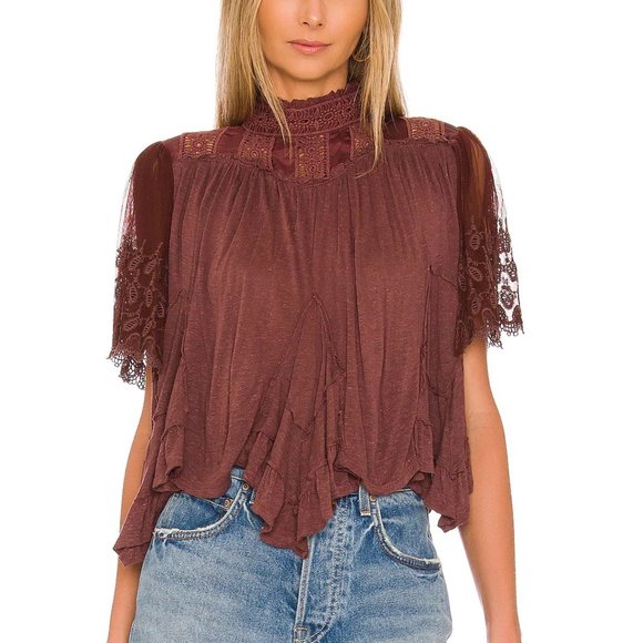 Free People Savannah Mock Neck Handkerchief Hem Blouse in Chocolate Lava  Size L - Picture 1 of 3